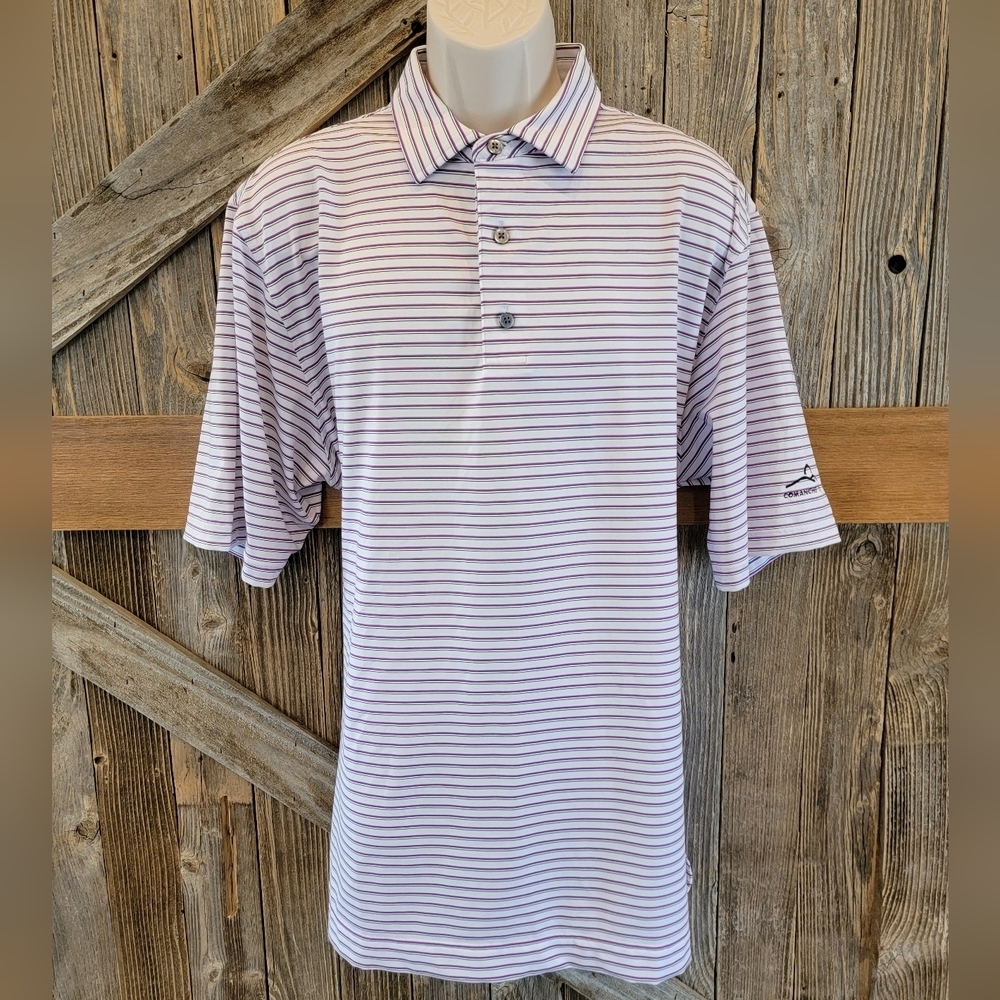 FootJoy Polo Shirt Mens XL purple stripe Golf with club logo Short Sleeve FJ EUC